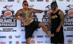 Dave “Brown Buttabean” Letele and Silivelio “Batman” Pekepo-Tevagaa at the weigh-in before their fight in Apia, Samoa. The pair were fighting on the undercard of the fight between Joseph Parker and Jason Bergman dubbed ‘Rumble in Paradise’. 