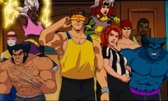 Cartoon still of nine poeple looking forward