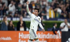LA Galaxy midfielder Riqui Puig celebrates after scoring a goal against LAFC in the second half at the Rose Bowl on Tuesday night.