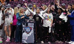 South Carolina Gamecocks head coach Dawn Staley celebrates after her team’s unbeaten season ended with the NCAA national title