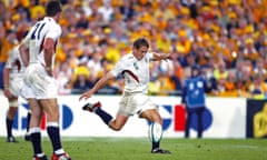 Jonny Wilkinson kicks the winning drop goal for England against Australia in the 2003 Rugby World Cup Final in Sydney on 22 November 2003