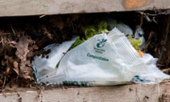 compostable plastic bag in compost heap