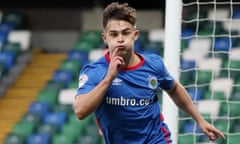 Jordan Stewart celebrates after scoring the goal which gave Linfield a 1-0 win over La Fiorita to take into Tuesday’s second leg of the Champions League qualifier in San Marino.