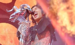 Seriously lit … Oli Sykes of Bring Me the Horizon performing at Download festival.