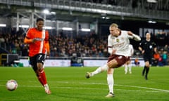 Erling Haaland scores his Manchester City’s fifth goal at Luton.