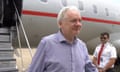 WikiLeaks founder Julian Assange stepping off his flight from London upon arriving in Bangkok for a layover at Don Mueang International Airport in the Thai capital.