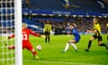 Chelsea's Johanna Rytting Kaneryd has a shot saved by Häcken goalkeeper Jennifer Falk.