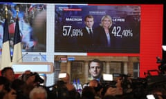 Early result projections on a TV screen in Paris where Marine Le Pen was waiting to speak after the election on 24 April 2022.