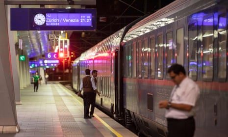 ÖBB’s Nightjet train to Venice via Zurich on the platform in Vienna.