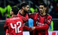 Ruben Loftus-Cheek celebrates the first of his two headed goals against Rennes at the San Siro.