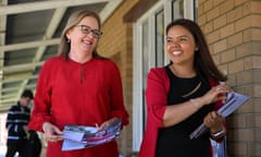 Victorian premier Jacinta Allen and Eden Foster, who has won the Mulgrave byelection despite a primary vote more than 10 percentage points lower than Daniel Andrews’ showing at last year’s state poll