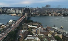 Smoke seen from a bus blaze on the Sydney Harbour Bridge
