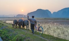 Ninh Binh, Northern Vietnam. Sunset over the karst towers.