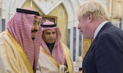 Boris Johnson shakes hands with King Salman of Saudi Arabia, left, in Riyadh on Sunday.