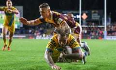 Blake Austin crosses the line for the decisive try in Leeds’ victory