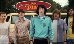 This image released by Netflix shows, from left, Millie Bobby Brown as Eleven, Noah Schnapp as Will Byers, Finn Wolfhard as Mike Wheeler, Charlie Heaton as Jonathan Byers, and Eduardo Franco as Argyle in "Stranger Things."