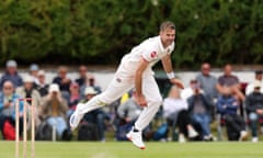 Jimmy Anderson bowling for Lancashire against Nottinghamshire at Southport, where he took seven for 35