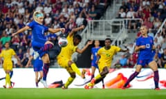 USA midfielder Julie Ertz, left, takes a shot as South Africa defender Fikile Magama defends during the first half of Thursday’s friendly at TQL Stadium. 