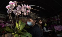 A man wearing a face mask to protect against the spread of the coronavirus largest orchid farms located at Hong Kong's rural New Territories on Jan. 14, 2021. The Lunar New Year holiday is usually a busy period for flower farms in Hong Kong, which gear up to sell plum blossoms, orchids and daffodils at flower markets during the festive season. But the pandemic and restrictions on such festive markets this year has taken a toll on many farms, who worry that they may be left with an oversupply of flowers. (AP Photo/Kin Cheung)