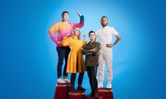 Joe Lycett, Holly Smith, Jack Monroe and Kwajo Tweneboa standing in superhero poses on podiums draped in red velvet