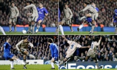 Ronaldinho scores Barcelona’s second goal. CHELSEA V BARCELONA, CHAMPIONS LEAGUE LAST SIXTEEN, 2ND LEG MATCH. 08/03/05. PIC: TOM JENKINS Photographs by Tom Jenkins and Action Images Composite