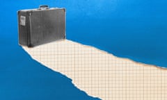 Illustration of a suitcase on a piece of blue paper which is ripped, exposing graph paper behind it