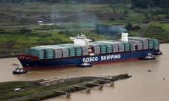 The COSCO Shipping Panama cargo ship prepares to cruise past the old Pedro Miguel locks, as it heads towards the new Cocoli locks, part of the new Panama Canal expansion project, in Panama City, Sunday June 26, 2016. Authorities are hosting a big bash to inaugurate newly expanded locks that will double the Canal’s capacity, as the country makes a multibillion-dollar bet on a bright economic future despite tough times for international shipping. (AP Photo/Dario Lopez-Mills)