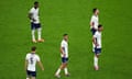 The England players react to Denmark’s equaliser. They are playing like a team with a migraine.