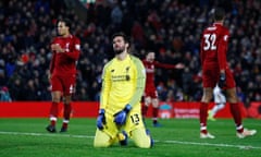 Liverpool’s £65m goalkeeper Alisson looks dejected after conceding in last month’s 4-3 win over Crystal Palace.