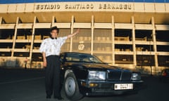 Hugo Sanchez Real Madrid<br>MADRID, SPAIN - APRIL 01: Real Madrid and Mexico striker Hugo Sanchez pictured outside of the Bernabeu Stadium in April 1989 in Madrid, Spain. (Photo by Allsport/Getty Images)