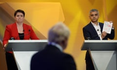 Sadiq Khan (right) confronts Boris Johnson during the BBC’s EU Referendum ‘Great Debate’, with Ruth Davidson watching.