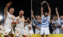 Catalans players celebrate after reaching the Super League Grand Final; and Toulouse players enjoy earning promotion from the Championship.