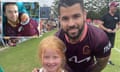 Amelia Hillhouse was ecstatic to meet captain Adam Reynolds at a Brisbane Broncos fan day this week, having ‘watched’ her first NRL grand final at age five days with dad Daniel (inset).