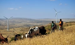 ETHIOPIA-ENERGY-WINDFARM<br>TO GO WITH AFP STORY BY JENNY VAUGHAN Men walk along a road with cattle near turbines at Ashegoda wind farm in Ethiopia's northern Tigray region, on November 28, 2013. The farm, built by France's Vergent Group for 230 million euro ($313 million), is the largest in Sub-Saharan Africa with a capacity of 120 megawatts. With its multi-billion dollar projects in wind, hydropower, solar and geothermal, Ethiopia is pioneering green energy projects on the continent. The Horn of Africa nation aims to supply power to its 91 million people  nearly half currently have no access -- boost its economy by exporting power and become carbon-neutral by 2025. AFP PHOTO/JENNY VAUGHAN        (Photo credit should read JENNY VAUGHAN/AFP/Getty Images)