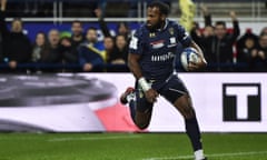 Clermont’s French winger Alivereti Raka scores one of two tries during Clermont’s win against Harlequins.