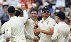 Chris Woakes celebrates after taking the wicket of Pakistan’s Asad Shafiq