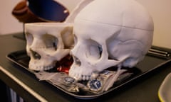 Model Skulls sit on shelf in the office of the Chief Medical Examiner of New York