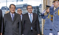 The Greek Cypriot president, Nicos Anastasiades, left, arrives with the UN’s special adviser on Cyprus, Espen Barth Eide, for a new round of Cyprus peace talks in Geneva, Switzerland.