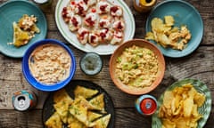 Max Halley's summer sport snacks (clockwise from top): baked new potatoes with soured cream and rose harissa, curried egg mayonnaise, rösti, and lime pickle yoghurt, peas and mint.