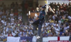 Jason Roy celebrates reaching his hundred for England against West Indies at the Kensington Oval in Barbados