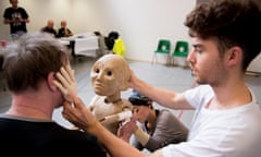 The puppeteers in rehearsal for The Grinning Man at Bristol Old Vic