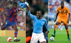 Yaya Toure in action for Barcelona in 2007, Manchester City in 2016 and Ivory Coast at the 2006 World Cup.