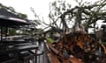 A large fig tree is seen toppled over at the beer garden of the Normanby Hotel in Brisbane, Saturday, June 4, 2016. Damaging winds with peak gusts of 90kmph are expected in coastal areas of Queensland and NSW, with rainfalls in excess of 250mm possible nearer to the coast. (AAP Image/Dan Peled) NO ARCHIVING