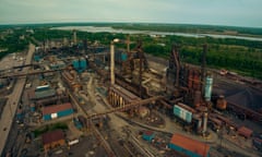 Aerial view of US Steel factory with smokestacks in Granite City, Illinois.