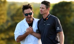 Justin Rose is consoled by his caddie Mark Fulcher after losing in a play-off to Sergio García at the Masters in Augusta.