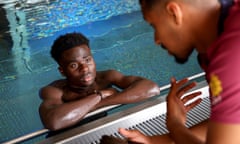 England Training Session - UEFA EURO 2024<br>BLANKENHAIN, GERMANY - JULY 07: Bukayo Saka of England recovers in the swimming pool at Spa &amp; Golf Resort Weimarer Land on July 07, 2024 in Blankenhain, Germany. (Photo by Eddie Keogh - The FA/The FA via Getty Images)