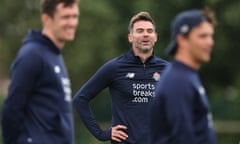Jimmy Anderson at Southport, where Lancashire are taking on Nottinghamshire in the County Championship.