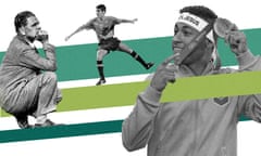 graphic illustration of male footballers and a man holding a medal
