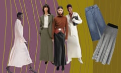 A composite of different models wearing maxi skirts against a colourful background