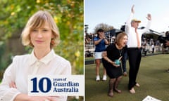 Composite of Sarah Martin and Scott Morrison at a bowls club on the campaign trail